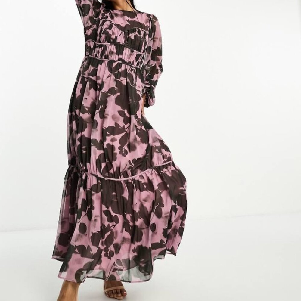 ASOS Design Channel Waist Long Sleeve Floral Maxi Dress